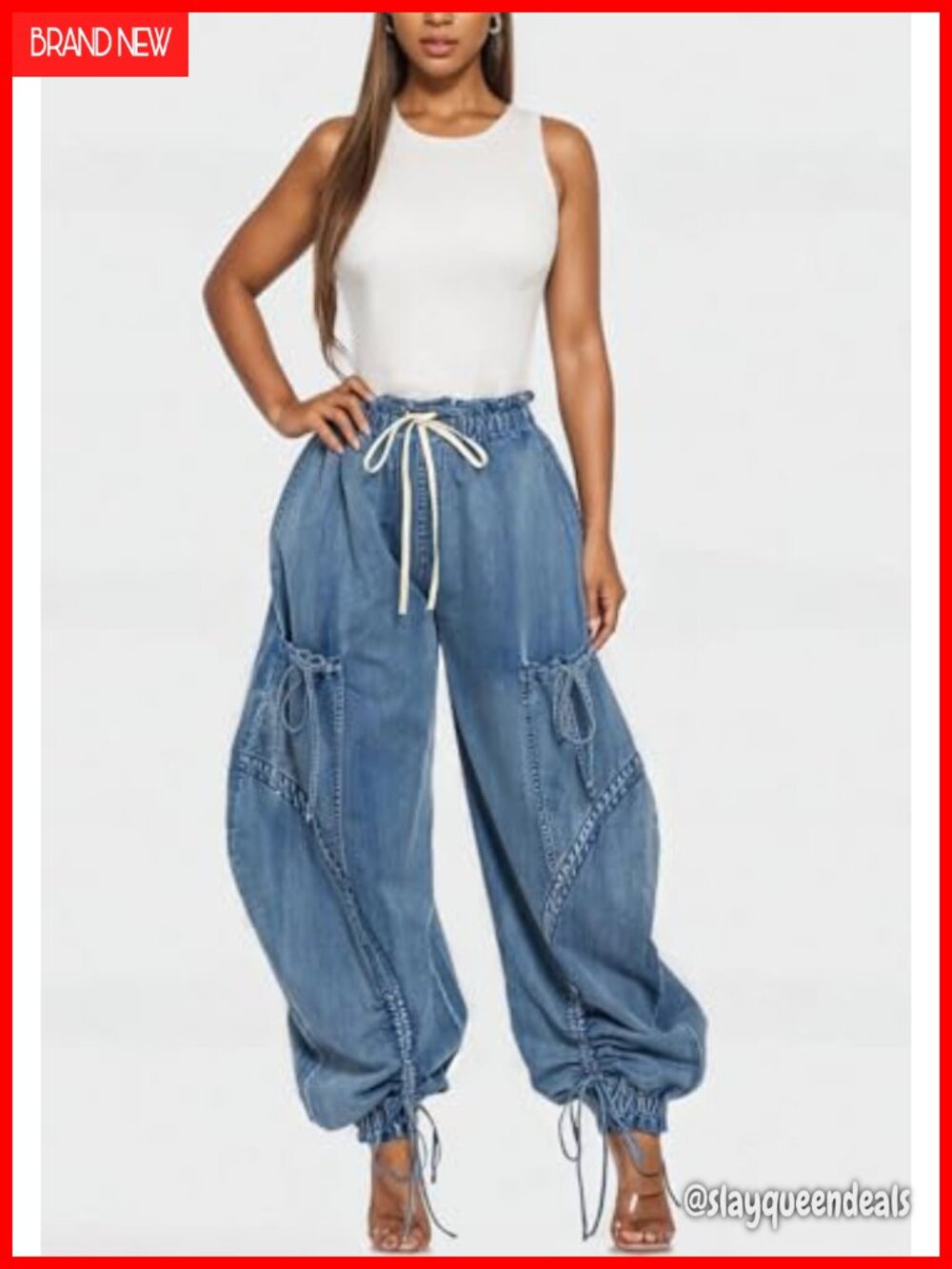 High Waisted Baggy Cargo Jogger Jeans Wide Leg Drawstring Pockets Loose Harem - Picture 4 of 7
